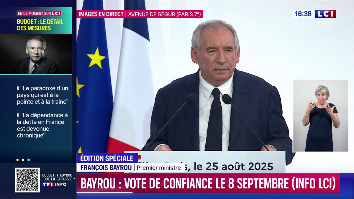 🔴 Budget : la conférence de presse de François François Bayrou 🗣️ "J'ai demandé au président de la République qui l'a accepté, de convoquer le Parlement en session extraordinaire le 8 septembre. J'engagerai ce jour-là la responsabilité du gouvernement"