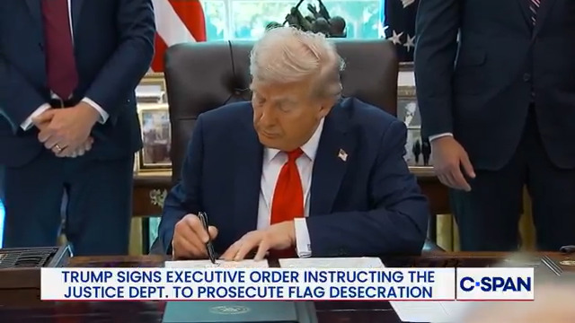 President Trump signs executive order on flag burning: "All over the country they're burning flags...through a very sad court...they called it freedom of speech...When you burn the American flag it incites riots...You burn a flag, you get one year in jail."