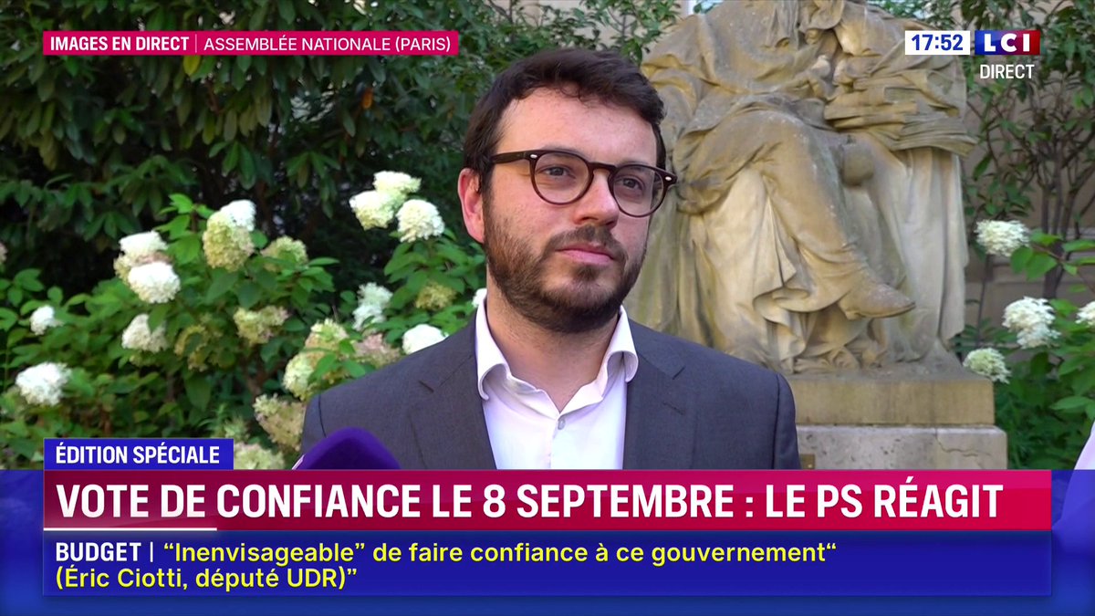 🔴 Le PS ne devrait pas voter la confiance du 8 septembre "Aujourd'hui, je ne vois pas comment nous pourrions voter la confiance " annonce Arthur Delaporte (Porte-parole du PS)