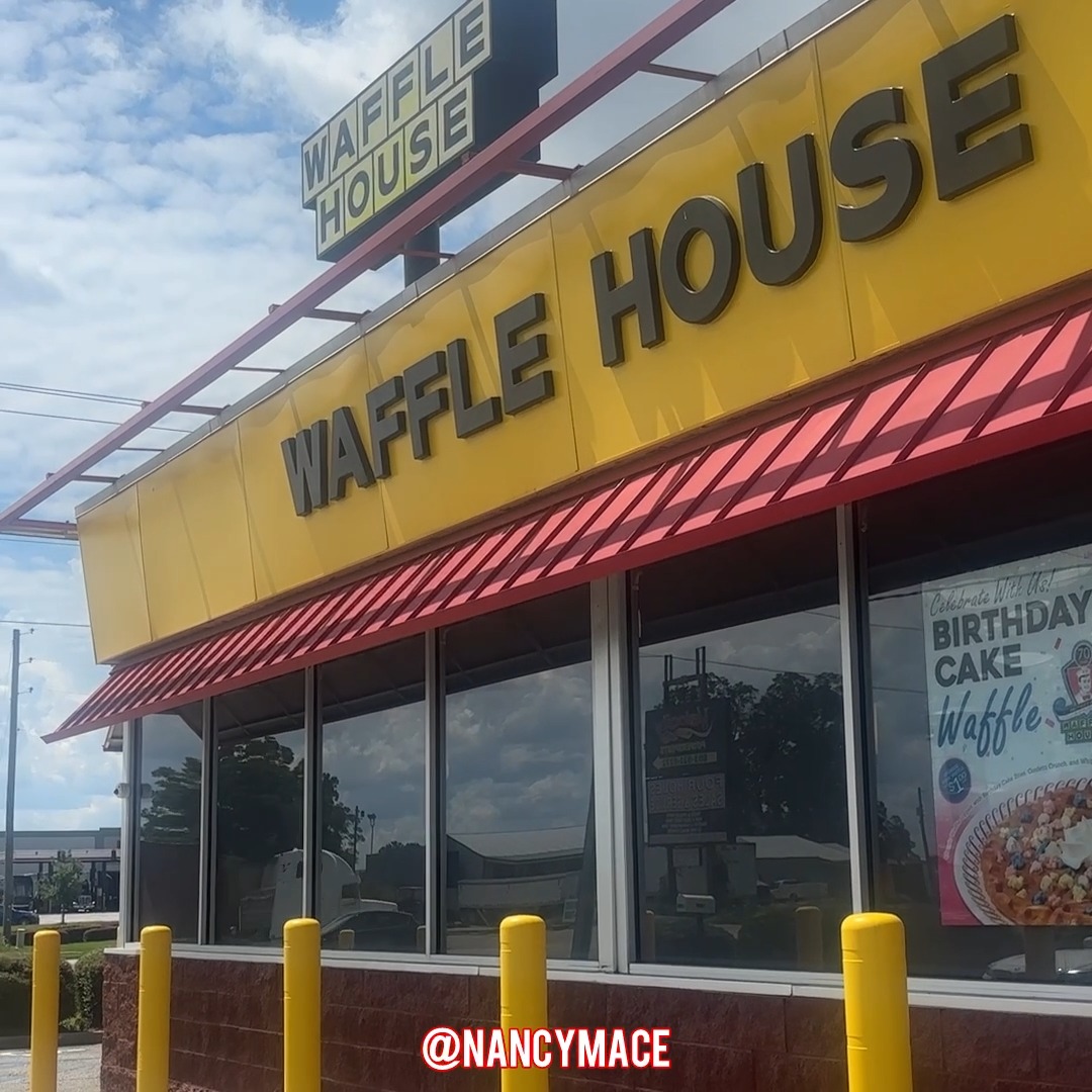 On the road to the Upstate! 🇺🇸 Quick pit stop at Waffle House in Orangeburg. Chocolate chip waffle ✅ Hashbrowns smothered, diced, capped &amp; peppered ✅ See us at the Mother of ALL Town Halls in Greenville tonight ➝