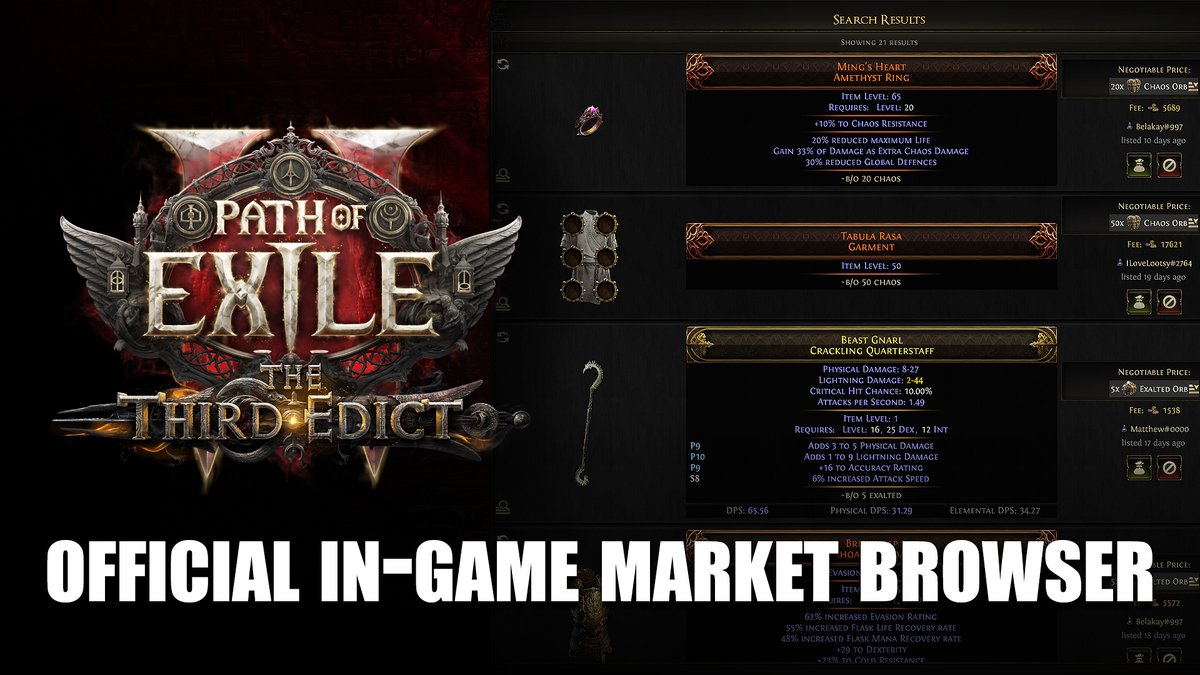 The launch of Path of Exile 2: The Third Edict will include the long awaited asynchronous trade system, which will also include a completely in-game market! We've answered some frequently asked questions about how this new system will work.
