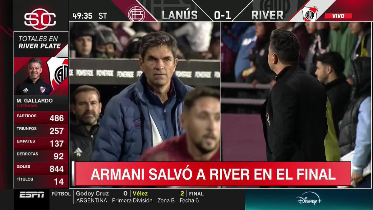 LAS DOS CARAS: mientras Pellegrino celebraba enojado, Gallardo no podía creer el 1-1 agónico de Castillo para Lanús vs. River. 📺 #SportsCenter | #DisneyPlus Plan Premium