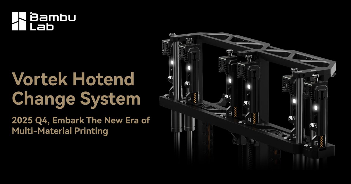Just when you thought we were done for the day... 🎬 Introducing Vortek – the multi-color solution you've been waiting for. Up to 7 materials, zero purge waste, wireless reliability. Finally, multi-color printing that actually makes sense. Coming Q4 2025! ✨ #Bambulab #Vortek #MultiColor3DPrinting #ZeroWaste #3dprinting #Innovation