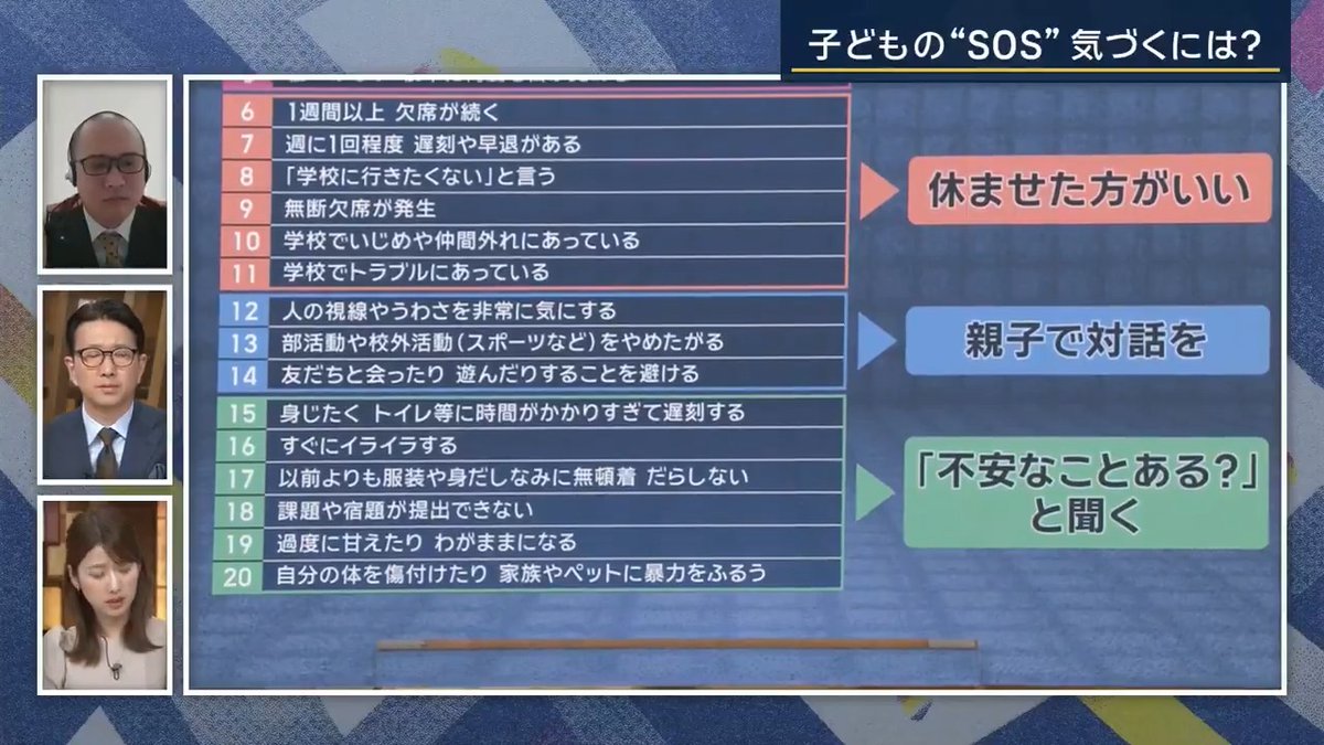 【夏休み終盤】子どもの“SOS”に気づくには? | ▼この時期保護者は子どもとどう接したら良い? 不登校ジャーナリスト 石井しこうさん 「保護者には『行かない選択』も受け入れてほしい」 「みなさん心配されるのが『不登校になると学力や社会性、協調性などがなくなる』と思うんですが、これは後からリカバリーがきく」 「一番心配してほしいのは、無理して学校に行って心に深刻なダメージを負うこと」 ▼夏休み終盤 子どもたちのどんな様子に気を配る? 「学校に行きたくない子は、人知れず夏休みの終わりに恐怖感を感じている」 「その恐怖感が現れてくるのが、例えば宿題が全くできない、朝までゲームやアニメを見ているなど」 「大人からすると『休みグセがついたのかな』『夏休みでサボっちゃったのかな』と思うが、こういったことが本人たちの心の異変を表すサインだったりする」 ▼『学校休んだほうがいいよチェックリスト』 ( →石井さんは『登校時間が近づくと頭痛・腹痛・吐き気などの症状を訴える』などの身体に異変が起きている場合には休ませるべきだとしている 明らかに身体の異変があるようには見えなくても 『身じたく・トイレなどに時間がかかりすぎて遅刻する』 『すぐにイライラする』 『以前より服装や身だしなみに無頓着、だらしない』 などの様子が見られる場合は… →親子で対話したり「何か不安なことある?」と聞いてみる 不登校ジャーナリスト 石井しこうさん 「子どもは苦しんでいるとなかなか言葉に出さない」 「言葉に出したときはかなり限界ギリギリで、身体からSOSが出るんだと分かっていただきたかった」 「例えば身体から出るSOSとしては、体調不良、情緒不安定、不眠、それから食欲不振」 「総合すると、笑顔が減りやすくなる」 「そういった表情の変化に気を配っていただけるといいのかなと」 ▼学校を休ませた“その後”は… ①目的のない雑談 「学校を休む場合、30秒でもいいので目的のない雑談をしてあげると、子どもの安心感につながる」 ②相談先は“小さくたくさん” 「親だけで抱え込んだり、学校だけに頼ると限界がある」 「児童精神科医、カウンセラー、フリースクール、親の会、いろんなところで相談すると確実な情報が集まってくる」 ▼悩みの相談窓口 『チャイルドライン』(18歳以下の子ども専用) 0120-99-7777 ※チャット対応有 『あなたのいばしょ』 ※24時間 チャット相談