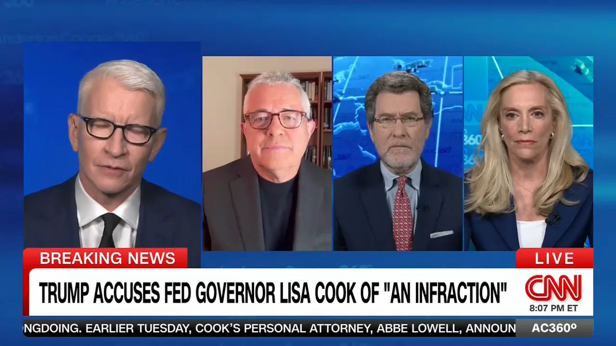 "This is an absolutely unprecedented attack on the independence of the Federal Reserve": former member of the Federal Reserve Board of Governors Lael Brainard, along with Jeffrey Toobin & Norm Eisen, react to the President's attempt to fire Lisa Cook.