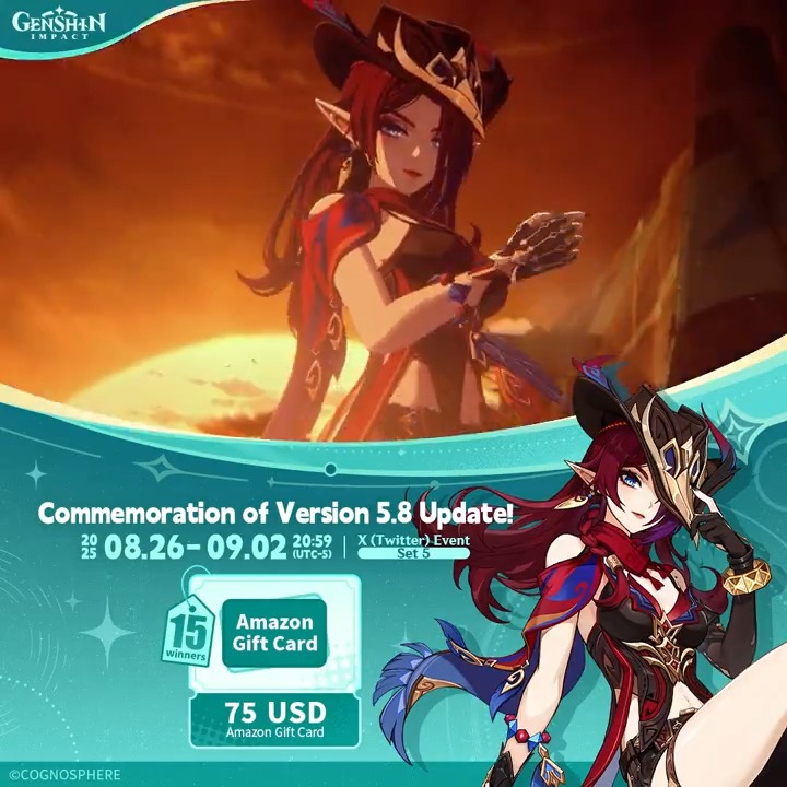 ✨Set 5✨ Commemoration of Version 5.8 Update 🎁Participate in the event for a chance to win a $75 Amazon gift card. How to Participate: ① Follow Genshin Impact ② Retweet this post You can instantly check the event results here>>> #GenshinImpact