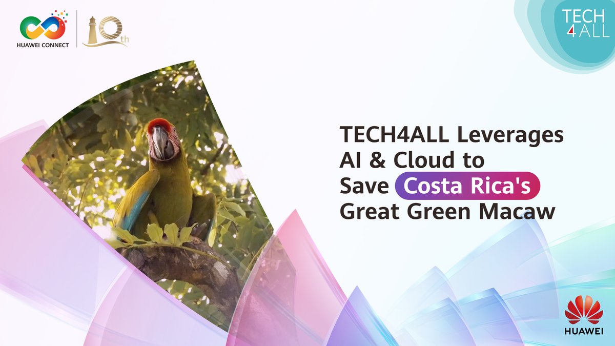 TECH4ALL is helping protect Costa Rica's endangered Great Green Macaw with acoustic devices powered by cloud and AI, covering 11,000 km² and guiding smarter conservation to secure the bird's future. Stay tuned for more TECH4ALL initiatives at HUAWEI CONNECT 2025 in Shanghai.