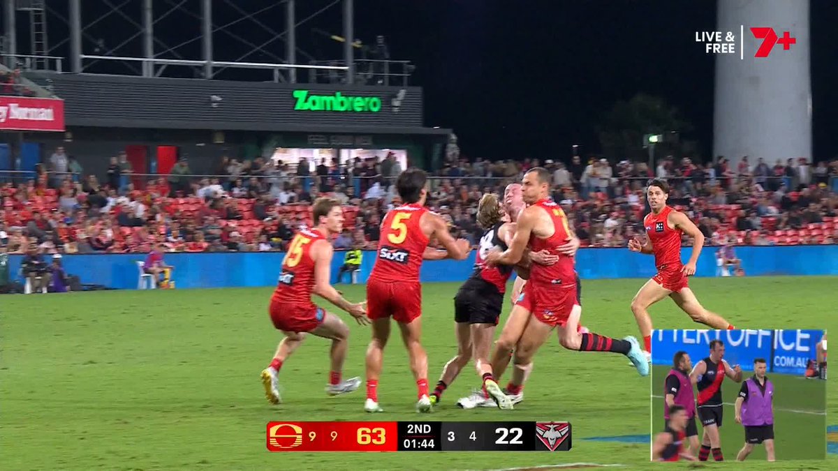 A sickening head clash 😳 Fingers crossed this isn't Todd Golstein's final AFL match 🤞 #AFLSunsDons