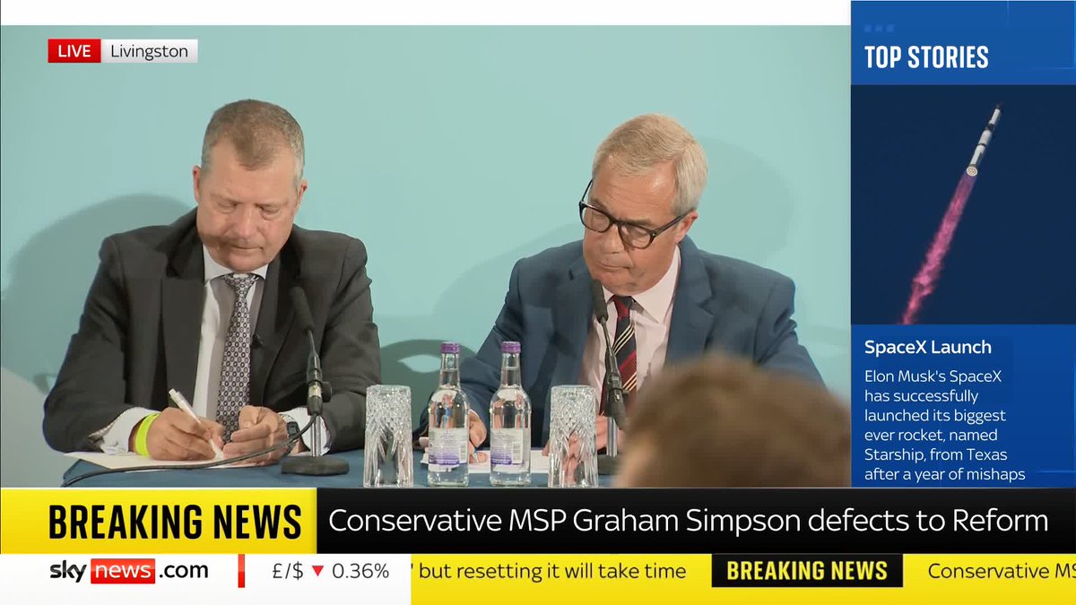 🗣️“I am absolutely not going to allow this to become the Tory party 2.0” 👇Nigel Farage tells Sky News, responding to the defection of Conservative MSP Graham Simpson to Reform UK.