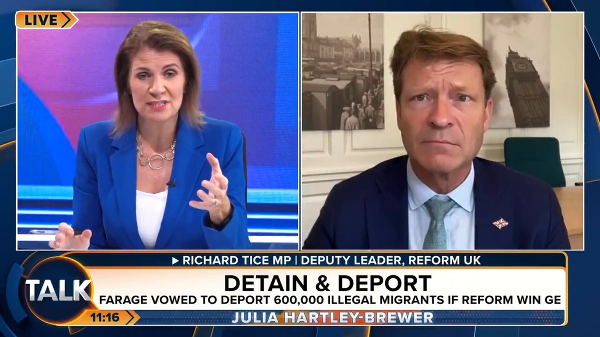 Reform UK's Richard Tice says Brits can expect to see "mass sackings" of civil servants, if they refuse to follow through with Reform's immigration policy. "If they put blocks in the way - they will have to go... It won't be easy but we must try!" Julia Hartley-Brewer | Richard Tice MP 🇬🇧