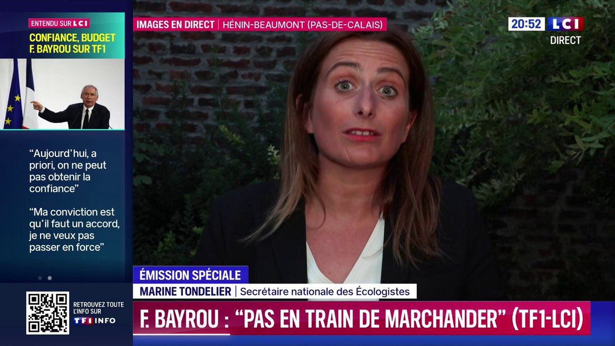 🗣️ « Je suis extrêmement choquée par tout ce que je viens d'entendre. Quand on n’a rien à dire, on ne fait pas un journal télévisé », réagit @MarineTondelier sur LCI après l’interview de François Bayrou ▶️ Darius Rochebin