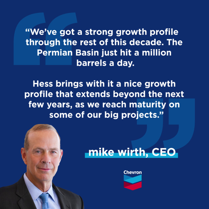 Permian Basin achieved 1 million barrels of oil-equivalent per day. In second quarter 2025, we hit a global production record. With Hess integration underway and Guyana added to our portfolio, we’re building on our strong momentum to deliver sustained, long-term value. More on Bloomberg from our CEO Mike Wirth: