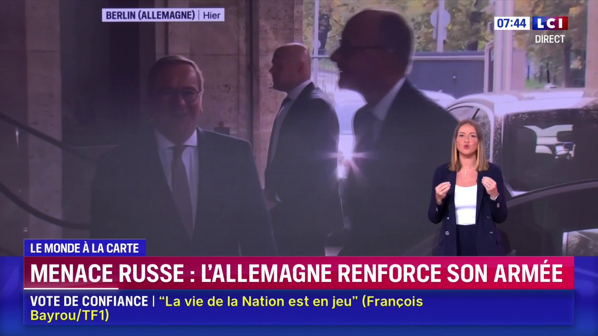 L'Allemagne "est sur le point d'adopter un projet de loi qui va faire du pays la première armée d'Europe (...). Le gouvernement allemand ne s'interdit pas de réintroduire la conscription obligatoire." 🔴 L'édito international de Solenn Riou