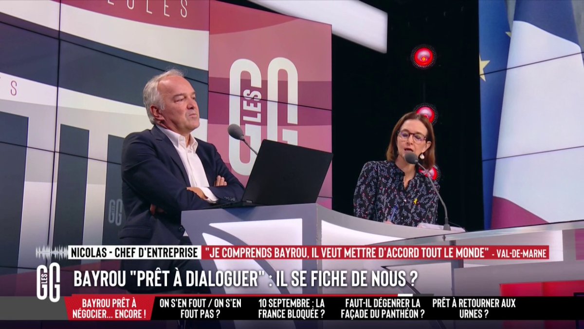 ๐ซ๐ท Bayrou se dit prรชt ร dialoguer ๐ Nicolas : "1 000% d'accord avec Bayrou ! Les gouvernements รฉchouent et on dit que c'est de leur faute... La vรฉritรฉ, c'est qu'ils ne peuvent pas gouverner ! Les oppositions s'opposent ร tout ! Les Franรงais sont un peuple incivilisรฉ" #GGRMC