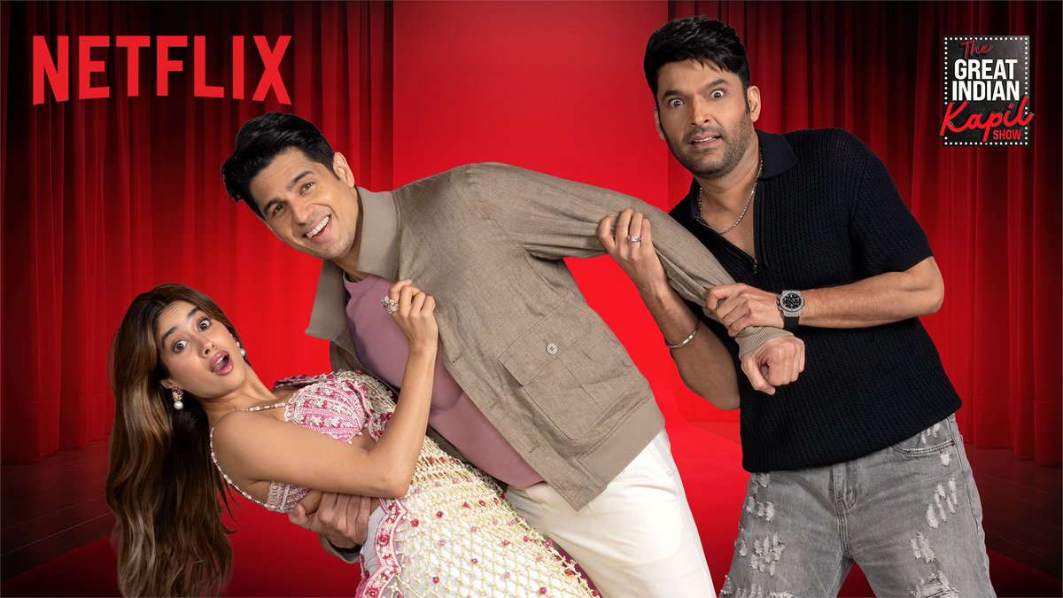 Now blushing: Janhvi Kapoor and Sid Malhotra are here to steal your hearts 💕 Watch the cast of Param Sundari - Sidharth Malhotra, Janhvi Kapoor, Sanjay Kapoor, Manjot Singh and Inayat Verma on The Great Indian Kapil Show, this Saturday, at 8 PM, only on Netflix.