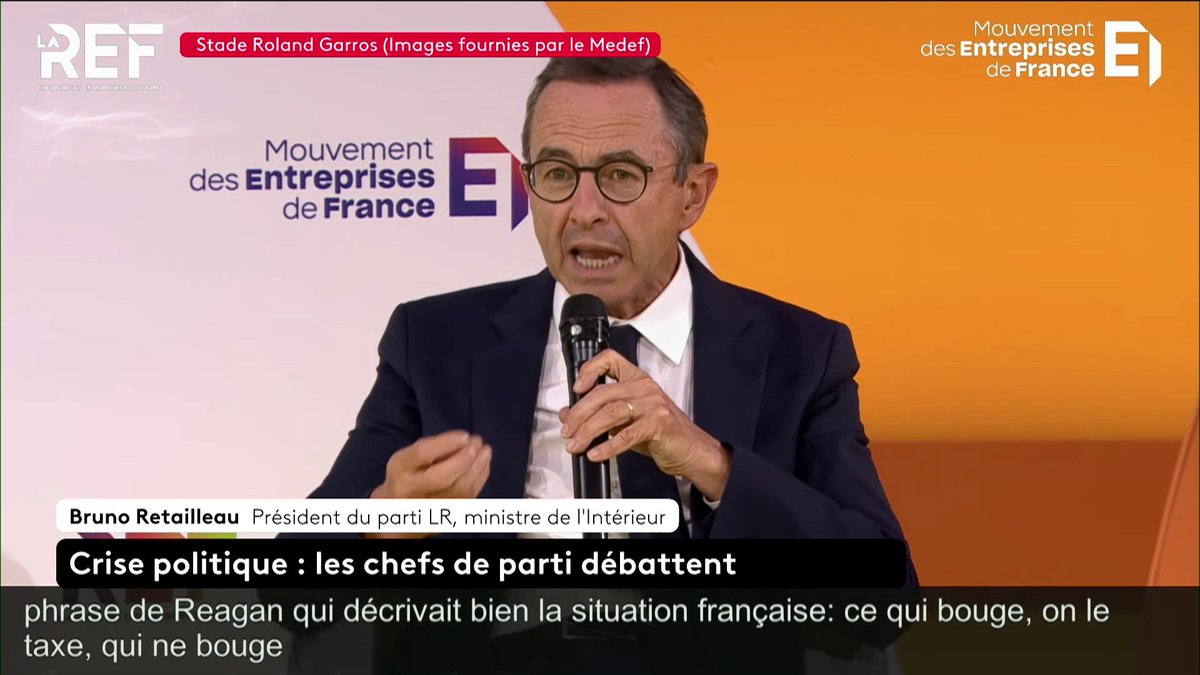 🔴 DIRECT - "Je pense qu'on est arrivé au bout d'un système", poursuit Bruno Retailleau. Le ministre de l'Intérieur et actuel président des LR plaide pour ne "plus vivre dans un système social étatiste", avant d'être ovationné par le public. #Medef