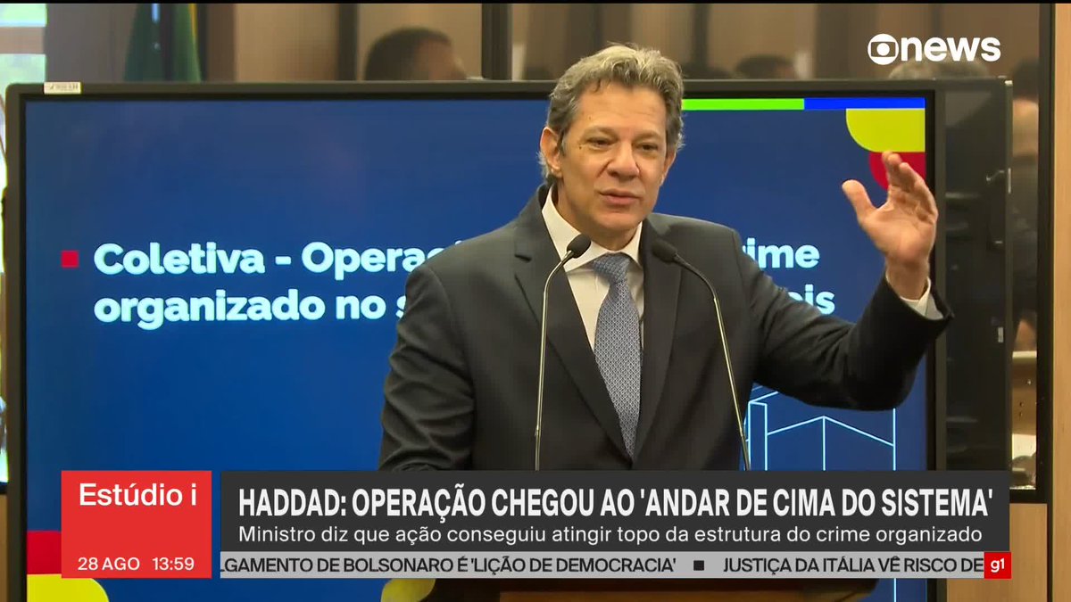 Ministro da Fazenda, Haddad diz que megaoperação contra PCC conseguiu chegar “ao andar de cima” do crime organizado. #Estúdioi ➡ Assista à #GloboNews: