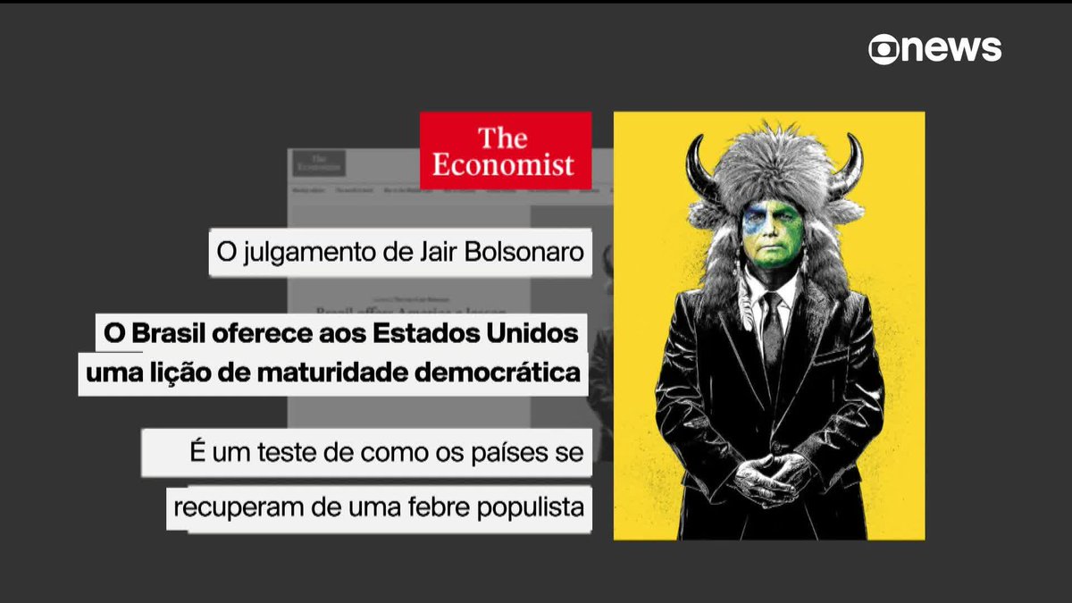 “The Economist” diz que julgamento de Bolsonaro é “lição de democracia” para os EUA. A revista britânica afirmou que os EUA “estão se tornando mais corruptos, protecionistas e autoritários”. #Estúdioi ➡ Assista à #GloboNews: