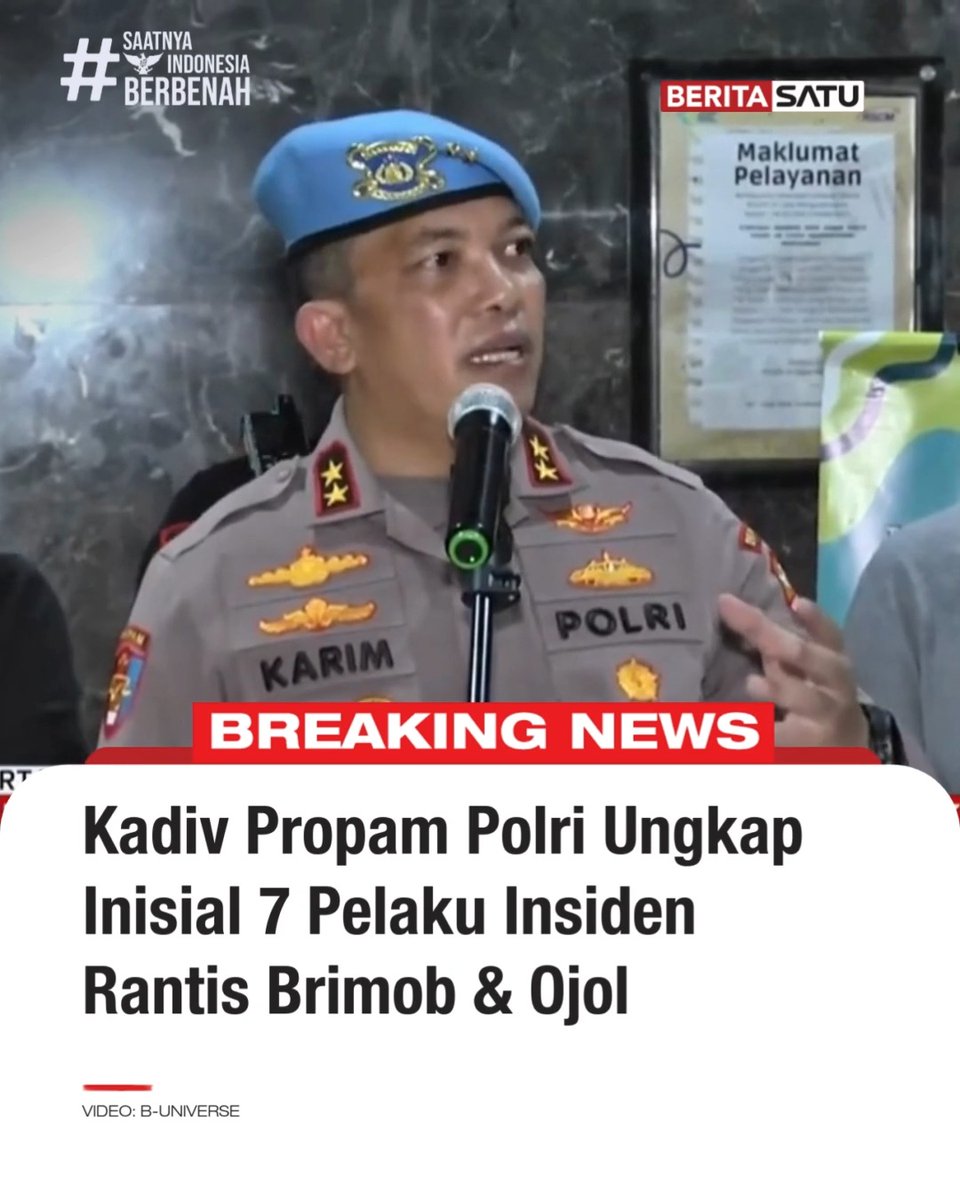 Kadiv Propam Polri Irjen Pol. Abdul Karim mengungkap inisial 7 pelaku insiden ojol yang terlindas oleh kendaraan taktis (rantis) Brimob di kawasan Bendungan Hilir (Benhil), Jakarta Pusat, Kamis (28/8/2025). 7 pelaku tersebut adalah Kompol CDC, Aipda M, Bripka R, Briptu D, Bripda M, Bharaka Y, dan Bharaka J. Ketujuh pelaku tersebut berada di dalam Rantis Brimob saat insiden tersebut. Update berita selengkapnya di Beritasatu TV, & YouTube BeritaSatu! #Demo #Ojol #Brimob #OjolTerlindas #SaatnyaIndonesiaBerbenah #BeritaSatu