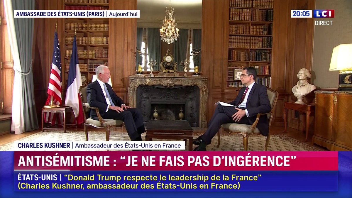 🔴 Face à Darius Rochebin, Ambassador Charles Kushner revient sur les protestations de la France après sa lettre accusant la France d’être trop peu active contre l’antisémitisme : "aux États-Unis, l'antisémitisme est bien présent. Ma lettre n'avait pas pour but de contrarier Emmanuel Macron"