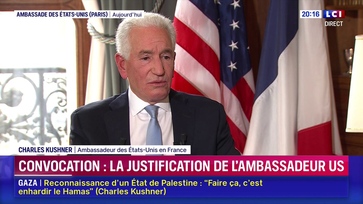 🔴 L'ambassadeur des États-Unis en France Ambassador Charles Kushner invité de Darius Rochebin : "je ne suis pas le meilleur diplomate, et je ne pense pas que Donald Trump le soit non plus. [Sur son absence à la convocation au Quai d'Orsay] ce n'était pas un manque de respect de ma part"
