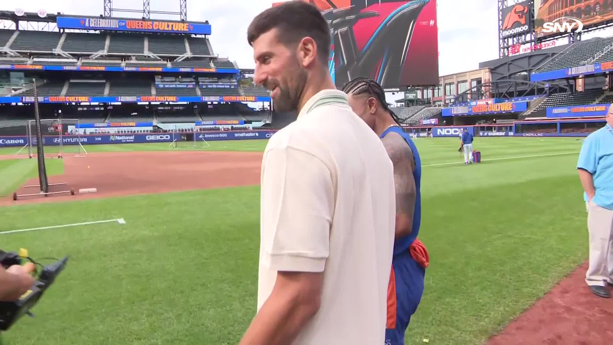 Francsico Lindor and Novak Djokovic exchange a baseball glove and tennis shoes