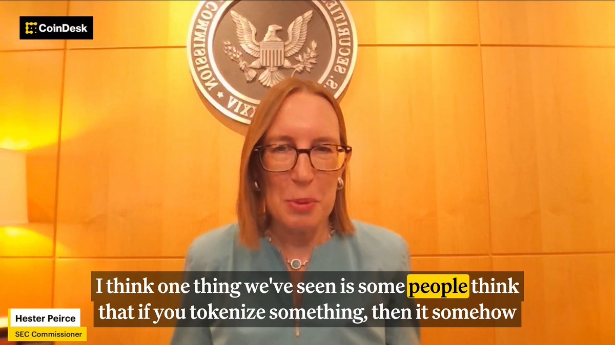 🎥 LATEST: SEC Commissioner Hester Peirce warns that simply tokenizing a security does not change its legal status. "It might be a security-based swap... people really do need to, to go about this very carefully."
