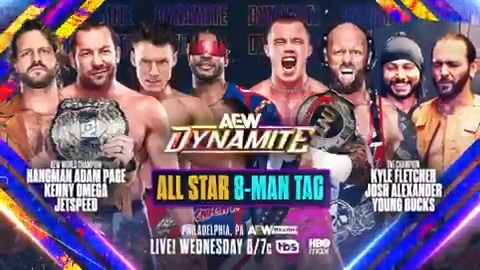 Wednesday Night #AEWDynamite 8pm ET/7pm CT This Wed, 9/3 AEW World Champion Hangman Page/Kenny Omega/Kevin Knight ケビン・ナイト/Speedball Mike Bailey vs TNT Champion AEW TNT Champion “The Protostar” Kyle Fletcher/Josh Alexander/Matthew & Nicholas Jackson Don’t miss Hangman/Kenny Omega/JetSpeed vs Fletcher/Alexander/Young Bucks, WEDNESDAY!