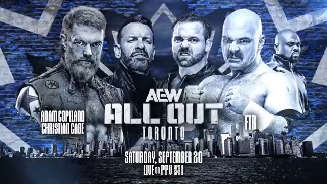 #AEWAllOut LIVE on PPV, 8pm ET/5pm PT Saturday 9/20! "Rated R Superstar" Adam Copeland + Christian Cage vs FTR Adam Copeland wants his pound of flesh! Cope + Jay 'Christian' Reso will have a hometown advantage when they battle @DaxFTR + Daniel “Cash” Wheeler in Toronto, LIVE on Sat. 9/20!