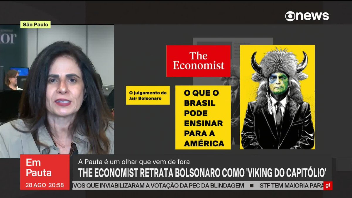 “A ‘Economist’ fez a revisão de uma postura em relação ao Brasil. Menos de dois meses antes, a revista tinha feito uma reportagem muito forte contra o país na época em que o governo condenou os ataques de Israel e dos Estados Unidos ao Irã. Foi uma publicação bastante crítica à adesão do Brasil ao Brics, à política externa, e dizendo ‘olha, o Brasil se dá importância demais. É melhor ele cuidar do seu pecado porque vai se sair melhor’. O Itamaraty chegou a responder, e foi um momento tenso. Agora, a revista dá essa capa. Não estou dizendo que está se redimindo, mas mudou de posição em relação ao Brasil, coloca o país como exemplo. Tem uma frase lá que diz ‘é o adulto das democracias do Ocidente’. De alguma maneira, é um contraponto e mostra uma capacidade de se rever”, diz Maria Cristina Fernandes sobre a capa da revista “The Economist”, que transforma Jair Bolsonaro em Viking do Capitólio e diz que o Brasil pode ensinar uma lição aos Estados Unidos. ➡ Assista ao #Edição18: #GloboNews