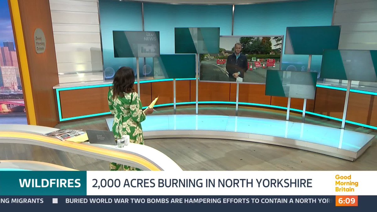 Buried WW2 bombs are hampering efforts to contain a huge wildfire, burning out of control across 2,000 acres of the North Yorkshire Moors. 18 hidden munitions have already exploded. @nickdixonitv reports.