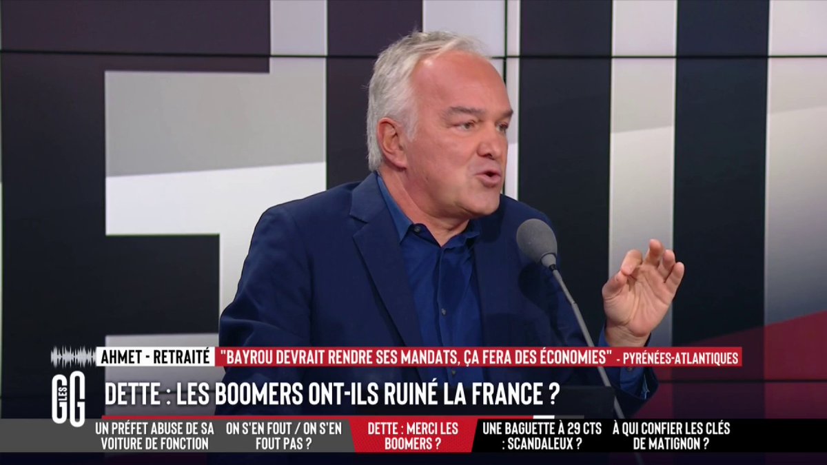 💶 Les boomers ont-ils ruiné la France ? 🗣️ Olivier Truchot : "On est le pays le plus fiscalisé ! Les Français, tous les jours, font des efforts puisque 50% de votre salaire part dans un puits sans fond ! Je ne supporte plus ce terme "faire des efforts"..." #GGRMC