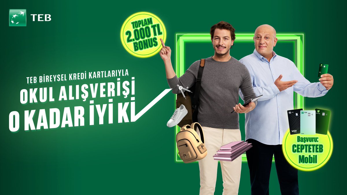 TEB Bireysel Kredi Kartlarıyla okul alışverişi ne kadar iyi? Toplamda 2.000 TL Bonus kazandıracak kadar iyi. CEPTETEB Mobil’i indirin, hemen başvurun.