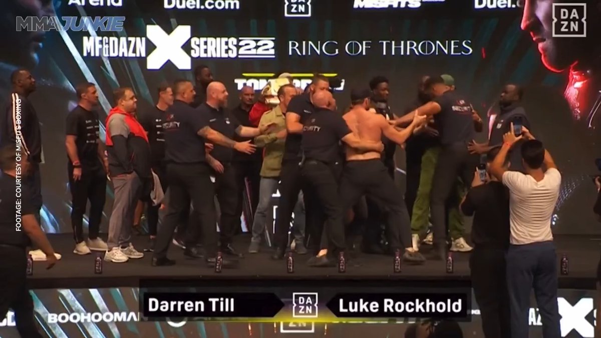 Darren Till and Luke Rockhold were once again restrained at the final faceoff for Saturday's #Misfits22 headliner. 🎥 Misfits Boxing