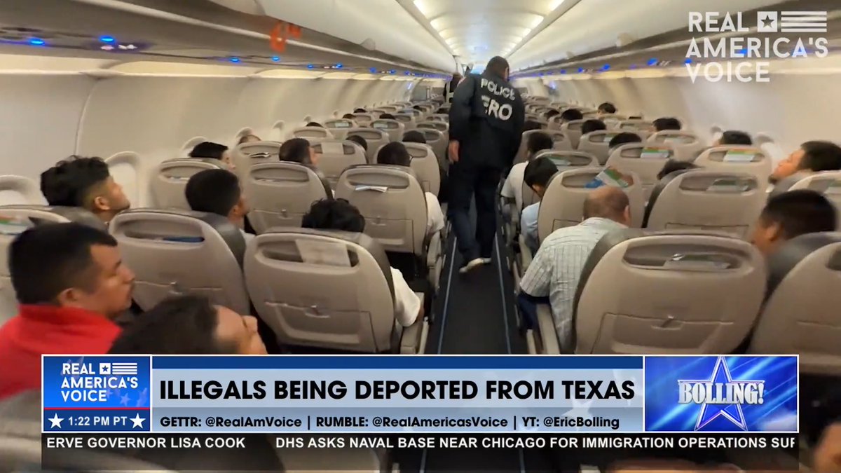 MUST-SEE EXCLUSIVE: ILLEGALS BEING DEPORTED ON A FLIGHT FROM TEXAS “We got to witness a group of 130 leave for the final time.” - Ben Bergquam - Real America’s Voice (RAV-TV) News shares an exclusive clip, seen only on RAV with 🇺🇸 ERIC BOLLING 🇺🇸.