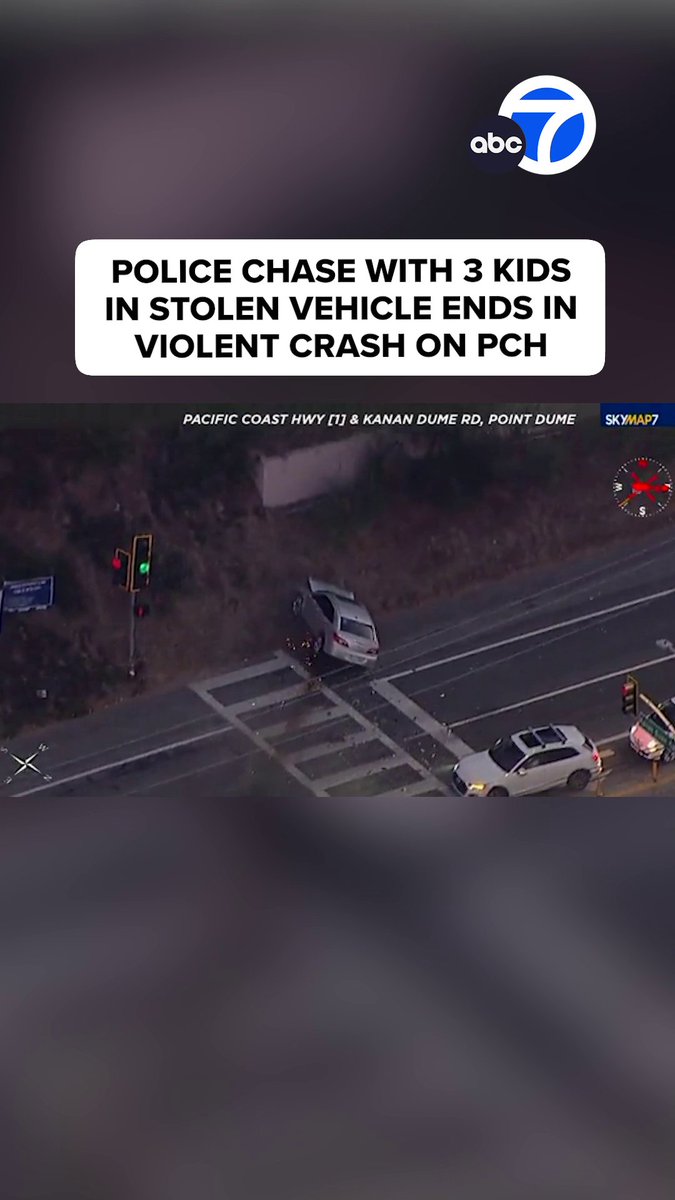 A police chase with a suspect accused of stealing a vehicle with three kids inside ended in a violent crash on the Pacific Coast Highway near Malibu on Friday evening. Officers were seen helping two older children and one small child in a car seat out of the vehicle. They all appeared to be conscious and breathing, and they were all taken to the hospital.