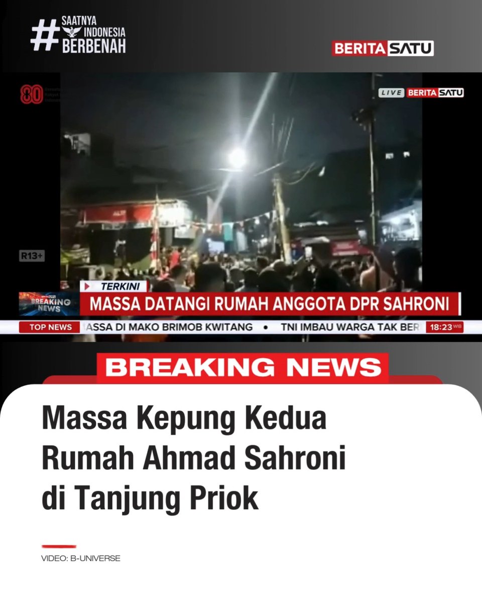 Rumah pribadi anggota DPR Ahmad Sahroni didatangi massa di Tanjung Priok, Jakarta Utara, pada Sabtu (30/8/2025). Tak hanya rumah pribadi, rumah tempat Sahroni menyimpan mobil-mobil mewahnya pun juga turut jadi sasaran massa yang geram. Insiden ini bermula dari sorotan publik terhadap politikus Ahmad Sahroni yang sebelumnya menuai kritik setelah menyebut wacana pembubaran DPR sebagai “ide orang tolol sedunia". Selalu update di Youtube BeritaSatu, dan BeritaSatu TV! #AhmadSahroni #TanjungPriok #SaatnyaIndonesiaBerbenah #BeritaSatu