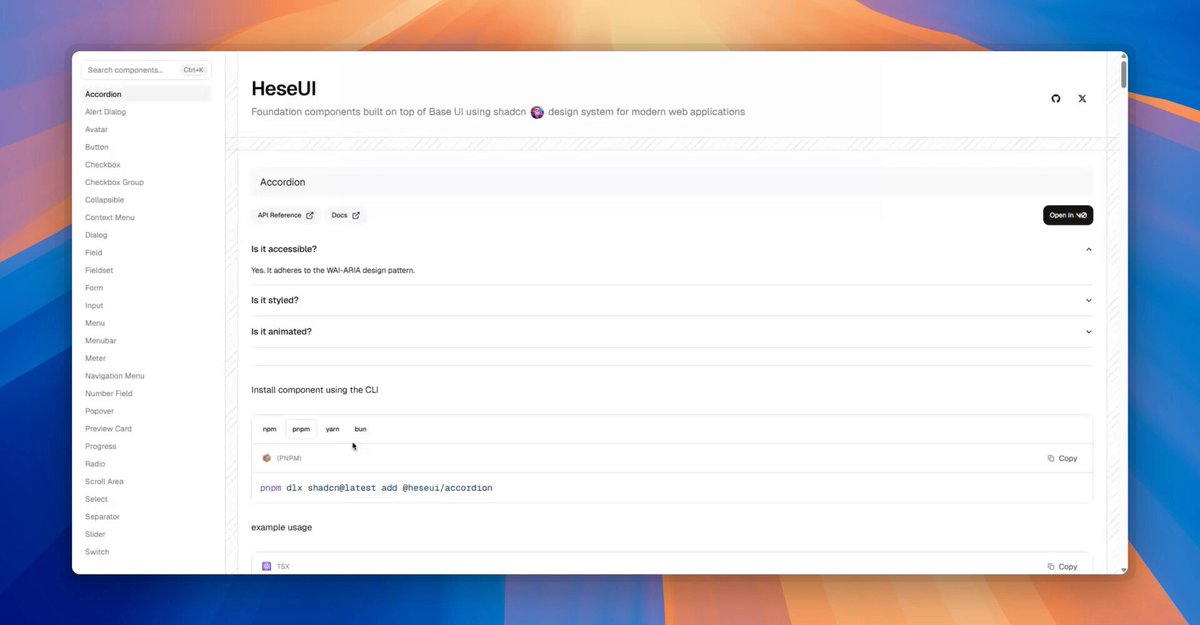 Introducing HeseUI - Foundation components built on Base UI I created this project for personal use and rebranded it today. - Uses shadcn design system and registry - Built on growing base-ui - Responsive, optimized components - v0 supported Check it out below 👇