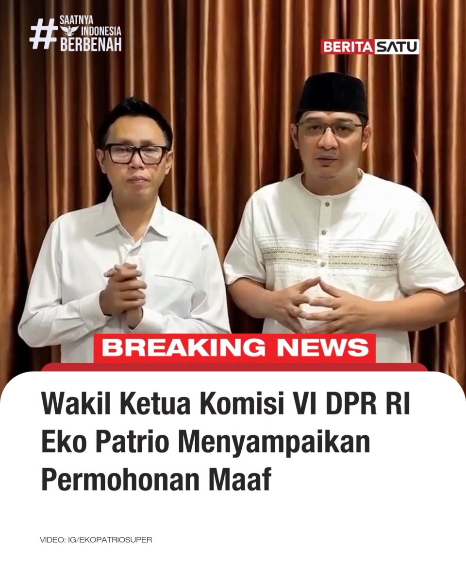 Sabtu (30/8/2025) malam ini, selebritas sekaligus Wakil Ketua Komisi VI DPR RI Eko Hendro Purnomo atau Eko 'Patrio' akhirnya meminta maaf atas kegaduhannya terkait joget di DPR. Permintaan maaf itu disampaikannya bersama Sigit Purnomo Syamsuddin Said atau Pasha 'Ungu'. Update berita selengkapnya di BeritaSatu TV, dan YouTube BeritaSatu! #BeritaSatu #SaatnyaIndonesiaBerbenah #EkoPatrio #DemoDPR #KlarifikasiEkoPatrio