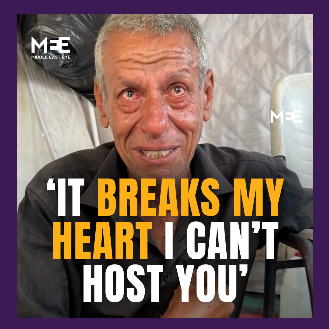 A displaced Palestinian man in Gaza breaks down in tears as he apologises to visiting journalists for not being able to offer them tea. With no tea or sugar left because of Israel’s ongoing blockade, he laments the loss of even the simplest acts of hospitality, saying it breaks his heart that he cannot host his guests properly.