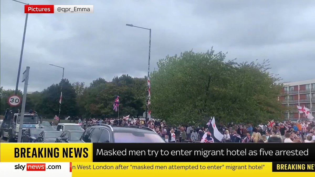 A group of masked men have attempted to enter a hotel housing asylum seekers in west London. Sky's emma birchley reports from Uxbridge ⬇️ Read more 🔗 📺 Sky 501, Virgin 602, Freeview 233 and YouTube