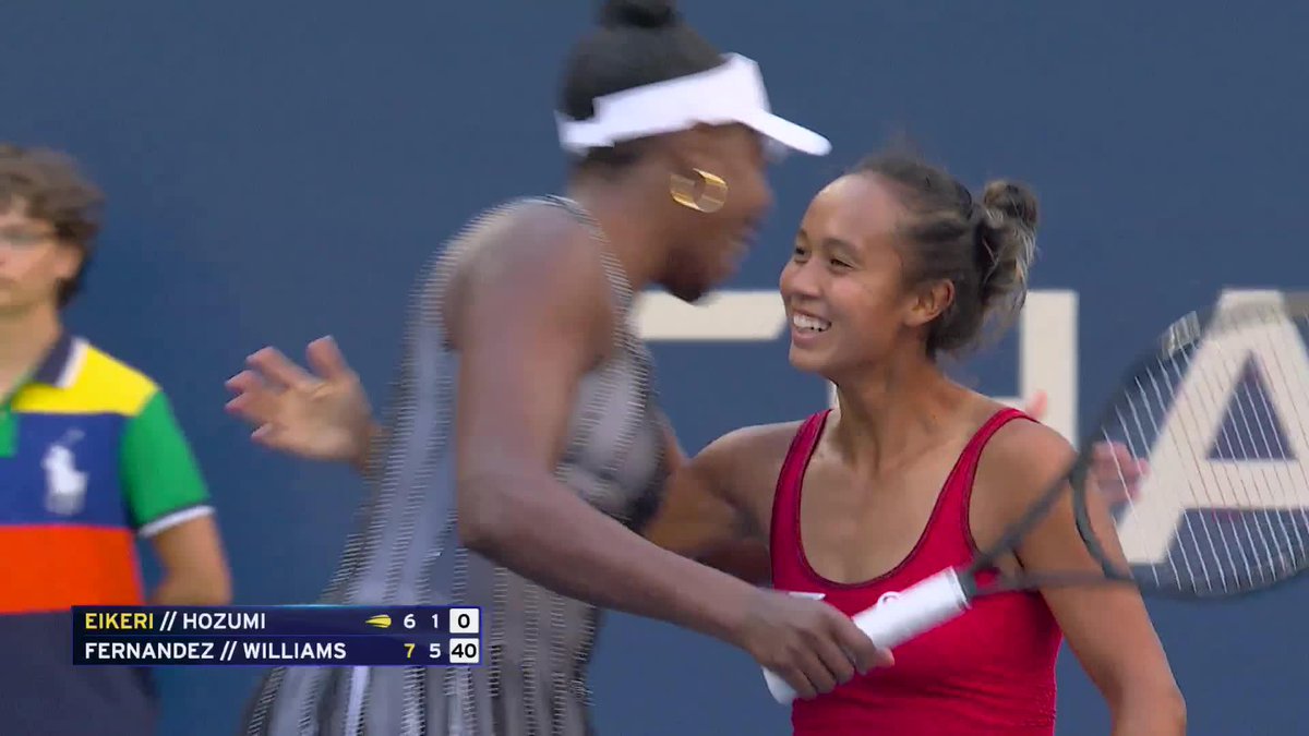 Venus Williams and Leylah Fernandez’ reaction after reaching the U.S. Open Round of 16 in doubles. Leylah tells Venus to take the stage. Venus does her iconic twirl. Leylah does Venus’ iconic twirl. This is everything. 🥹