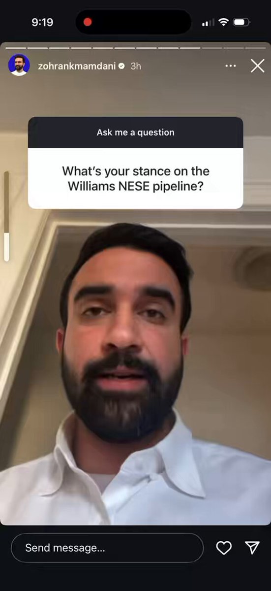 NEW: Zohran Kwame Mamdani said on Instagram that he opposes the Williams NESE natural gas pipeline, a project that the state previously rejected but which President Donald Trump is pushing Gov. Kathy Hochul to support. Listen to Mamdani’s answer on the pipeline: