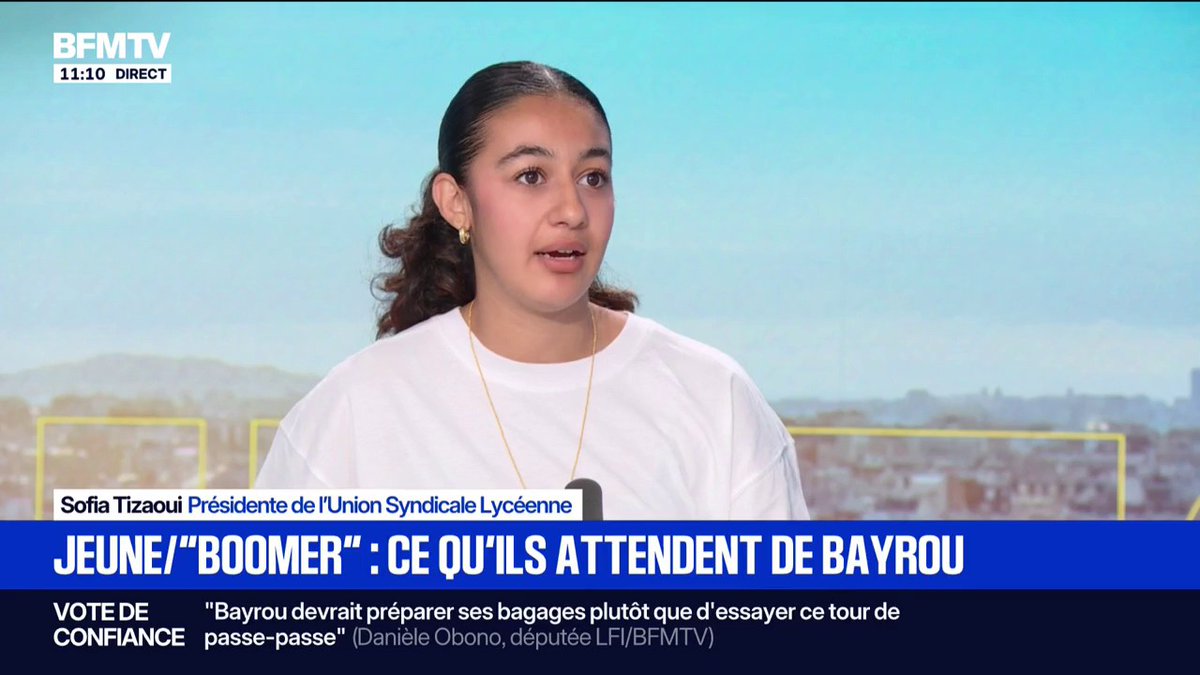 Interview de François Bayrou sur BFMTV: "On voudrait qu'il annonce que la jeunesse va arrêter de payer et subir la dette française", fustige Sofia Tizaoui, présidente de l'Union Syndicale Lycéenne