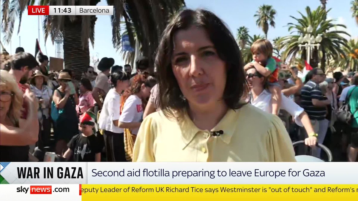 A flotilla carrying humanitarian aid and activists, including Greta Thunberg and Game of Thrones star Liam Cunningham, will leave Barcelona today. They will be joined by dozens of other boats on the route - 'the largest mission of its kind'. Sky's Siobhán Robbins Sky reports.