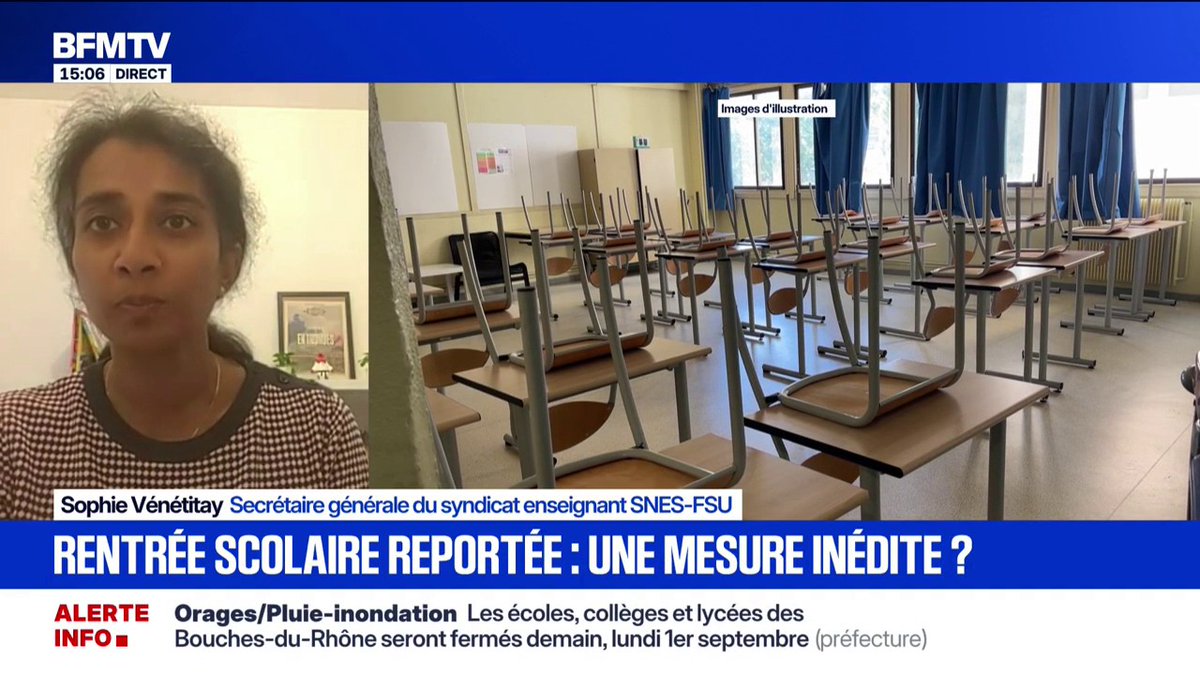 🗨️ "C'est une mesure inédite" Sophie Vénétitay, secrétaire générale du syndicat enseignant SNES-FSU, réagit au report de la rentrée scolaire dans les Bouches-du-Rhône