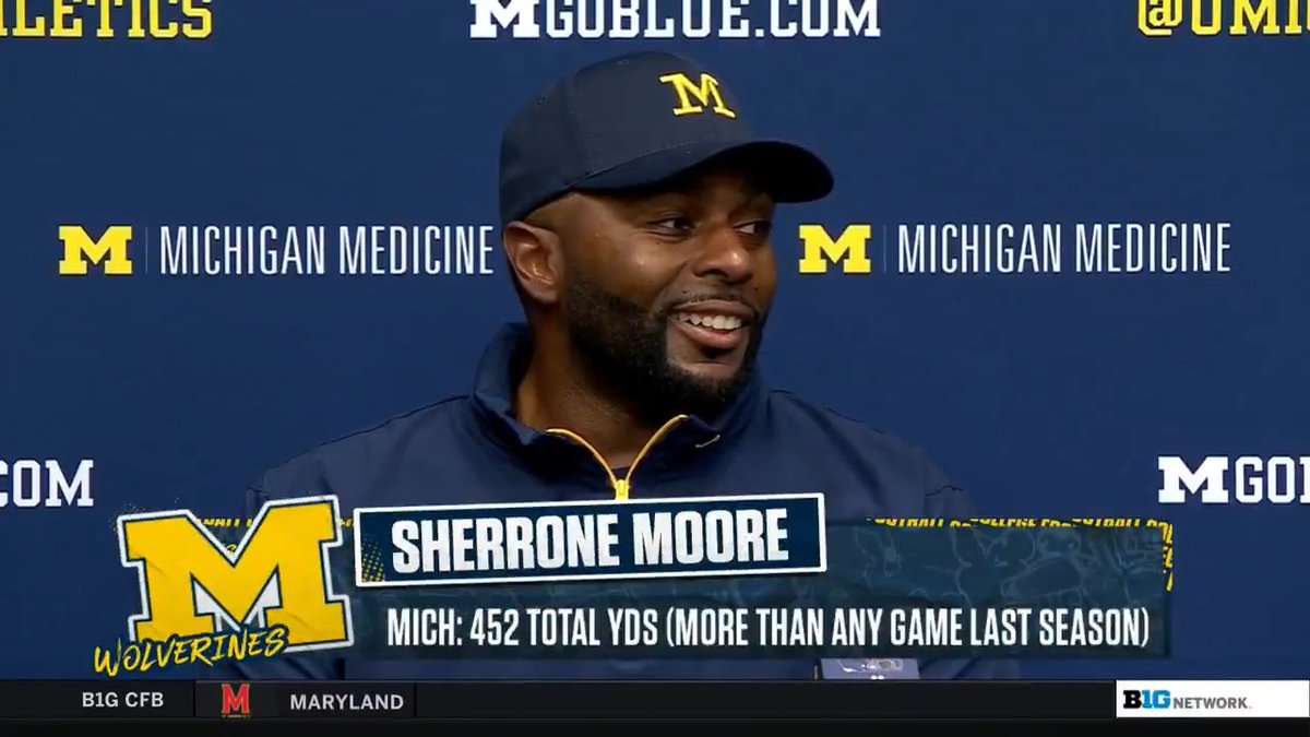 "I said, 'Stop. Don't. Don't do it!'" 😆 Sherrone Moore had a great reaction to freshman QB Bryce Underwood's big block in Michigan Football's Week 1 win.