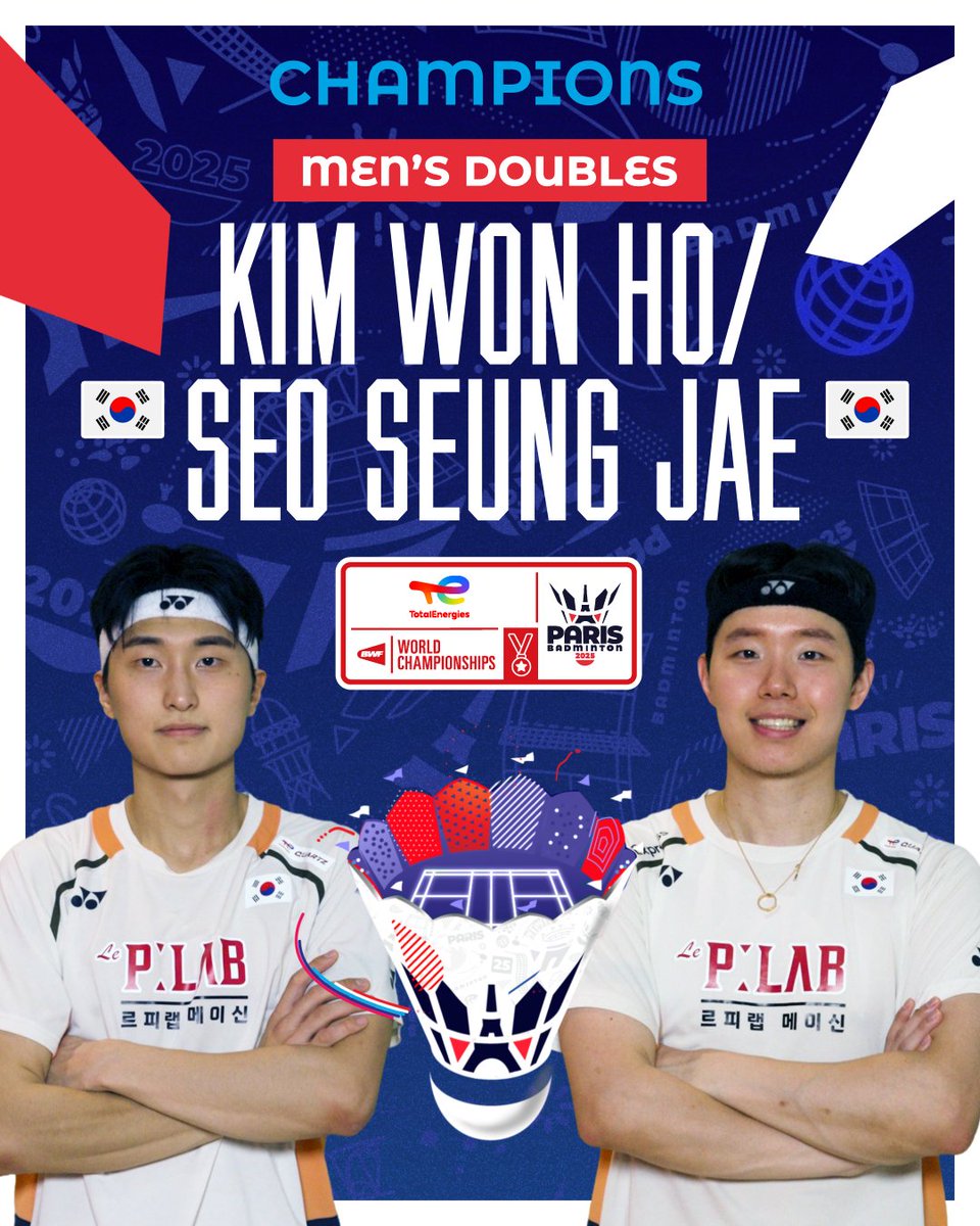 Ladies and gentlemen, your men’s doubles world champions: 🇰🇷 Kim Won Ho &amp; Seo Seung Jae! 🥇👏 #BWFWorldChampionships #Paris2025