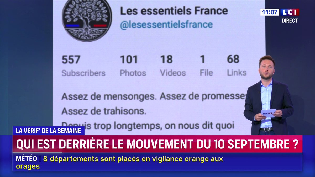 🚨ALERTE INFO Selon LCI, un compte suivi par seulement 500 abonnés serait à l’origine du mouvement du 10 septembre. Une analyse bâclée, révélatrice du naufrage médiatique, et fausse de surcroît..