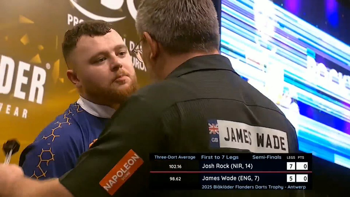 ROCK IS OUR FIRST FINALIST! Josh Rock battles hard in the first semi-final of the evening, as Rocky beats James Wade 7-5 to book his place in the final of the Flanders Darts Trophy! 📺 #ET10